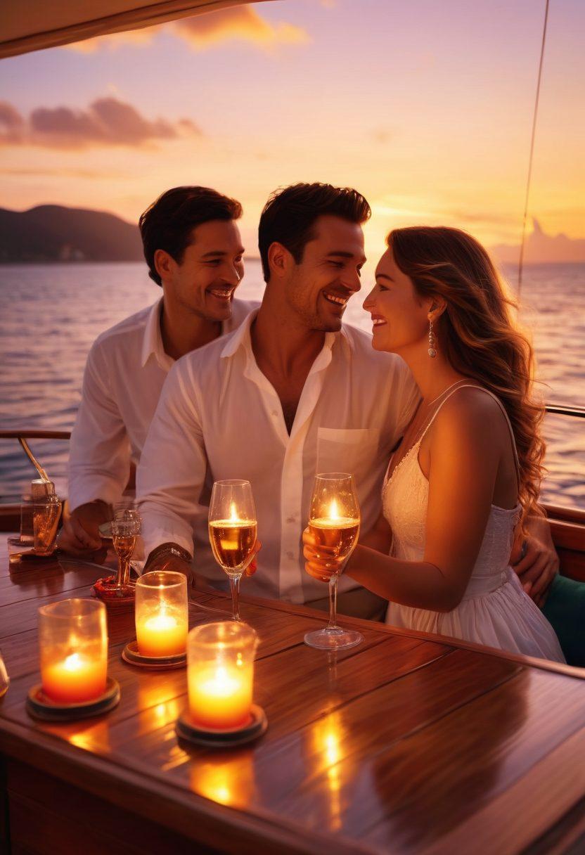 A romantic sunset cruise scene featuring a couple enjoying the view on a luxurious sailboat, surrounded by gentle waves and a colorful sky. The couple is laughing, with an enchanting bottle of champagne and glasses on a small table beside them, glowing lanterns illuminating the deck. In the background, distant islands hint at adventure and romance. super-realistic. vibrant colors. soft focus.