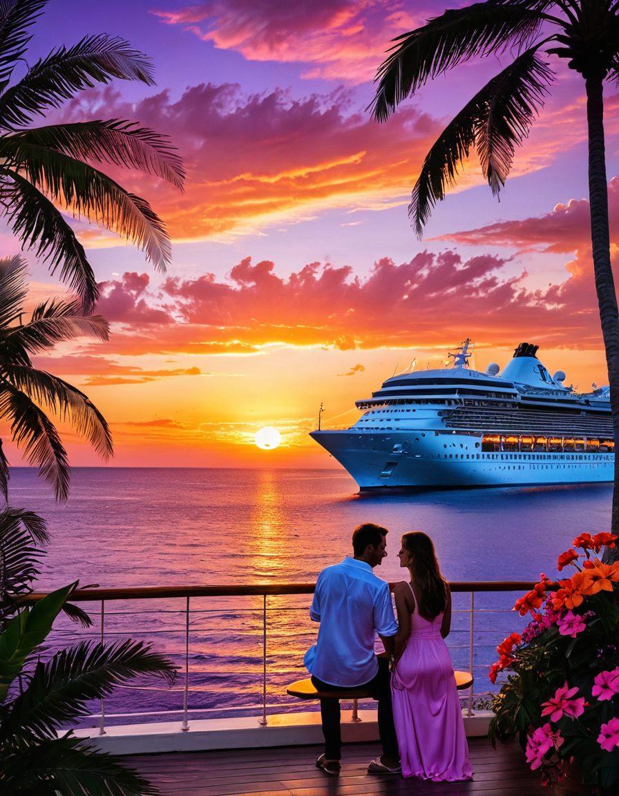 A breathtaking sunset on the horizon, with a luxurious cruise ship sailing across calm, azure waters. The scene captures a couple sharing a romantic moment on the deck, surrounded by vibrant tropical flowers and palm trees. Soft waves gently lap against the ship, while distant islands with lush greenery rise in the background. The sky is painted in shades of pink, orange, and purple, enhancing the ambiance of love and adventure. super-realistic. vibrant colors. 3D.