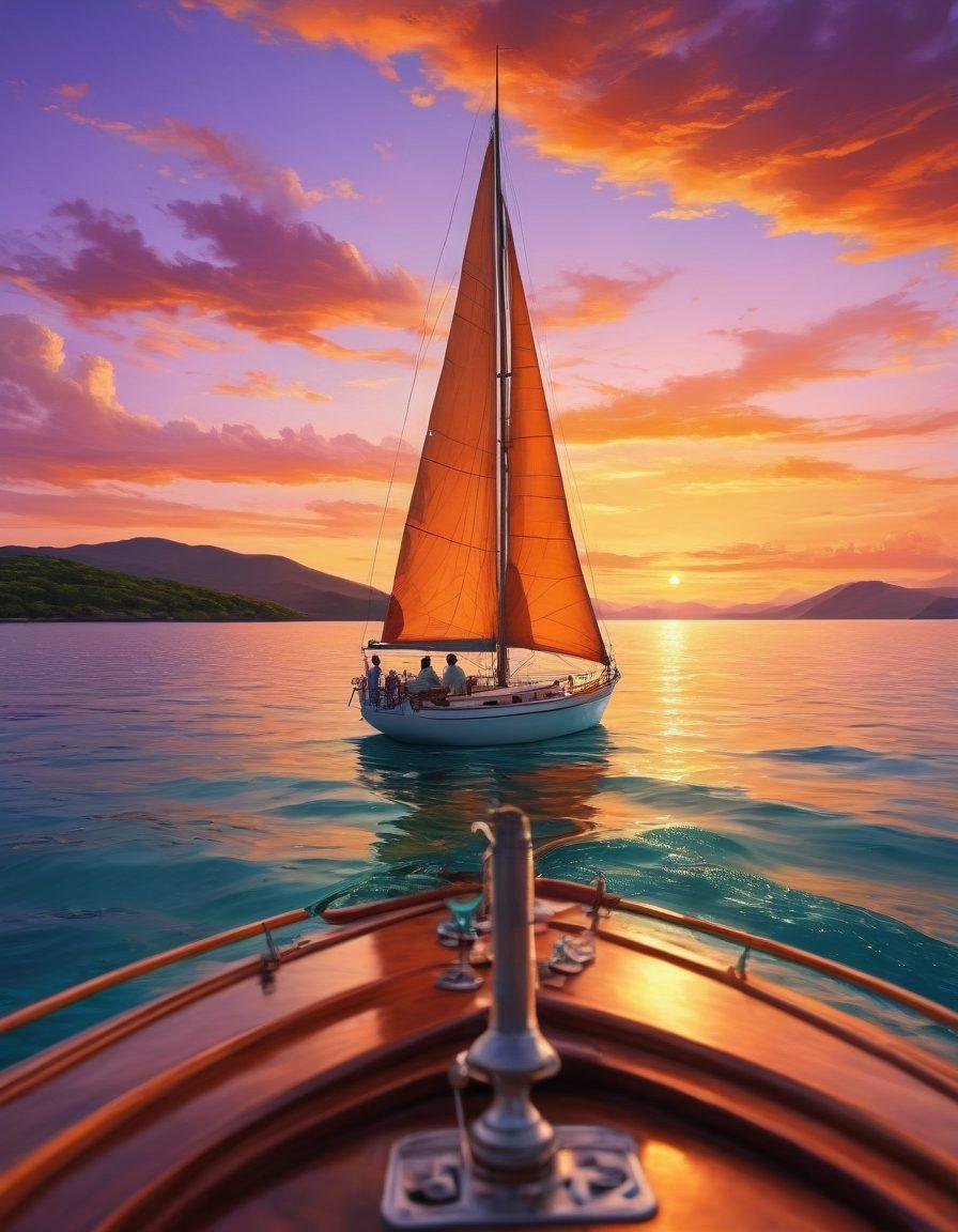 A romantic sunset sailing scene with a couple on a classic sailboat, surrounded by calm turquoise waters and distant lush green islands. The sky is painted in warm hues of orange and purple, reflecting on the water. Soft waves gently lap against the boat as the couple enjoys a glass of wine. Emphasize a sense of tranquility and adventure. super-realistic. vibrant colors. white background.